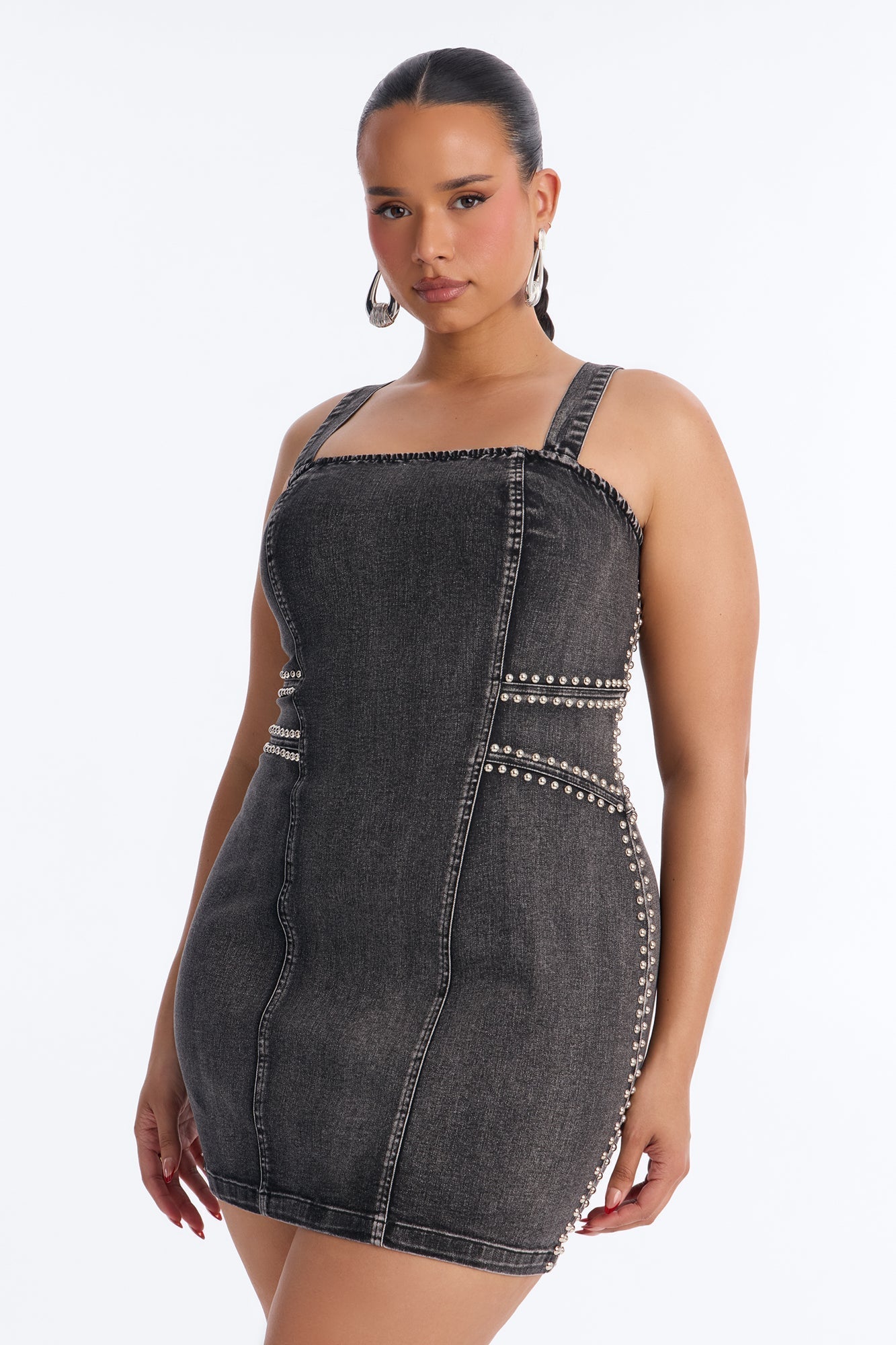 Kassidy Studded Stretch Denim Micro Mini Dress - Black Wash
