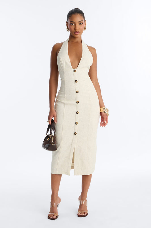 Leah Linen Midi Dress - Cream