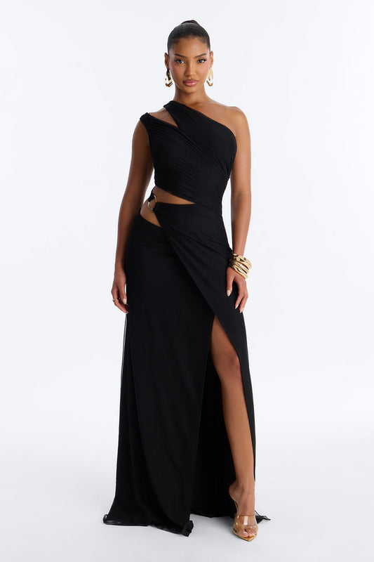 Peyton Ruched Mesh Maxi Dress - Black