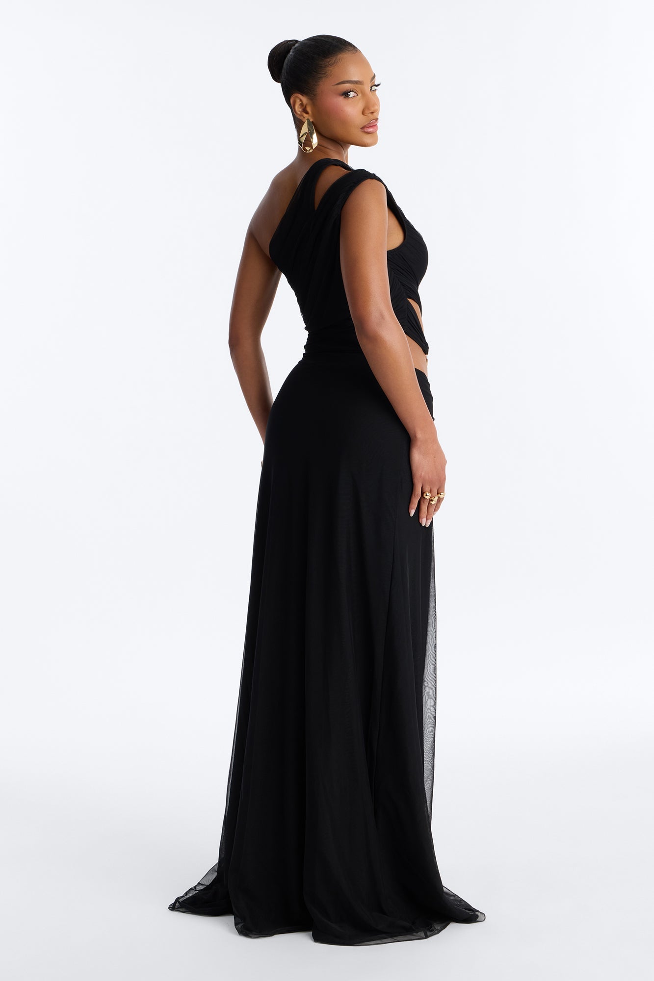 Peyton Ruched Mesh Maxi Dress - Black