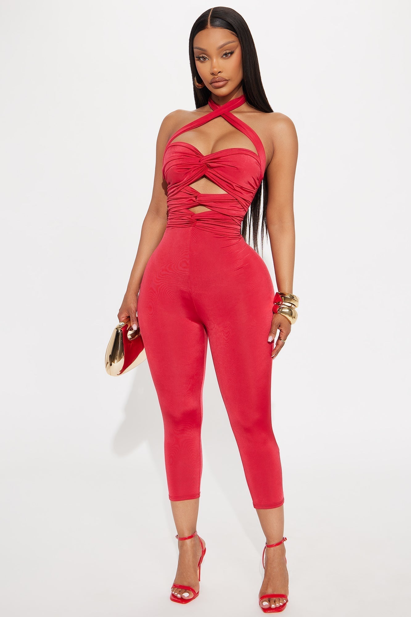 Dare Me Ruched Cut Out Halter Jumpsuit - Red