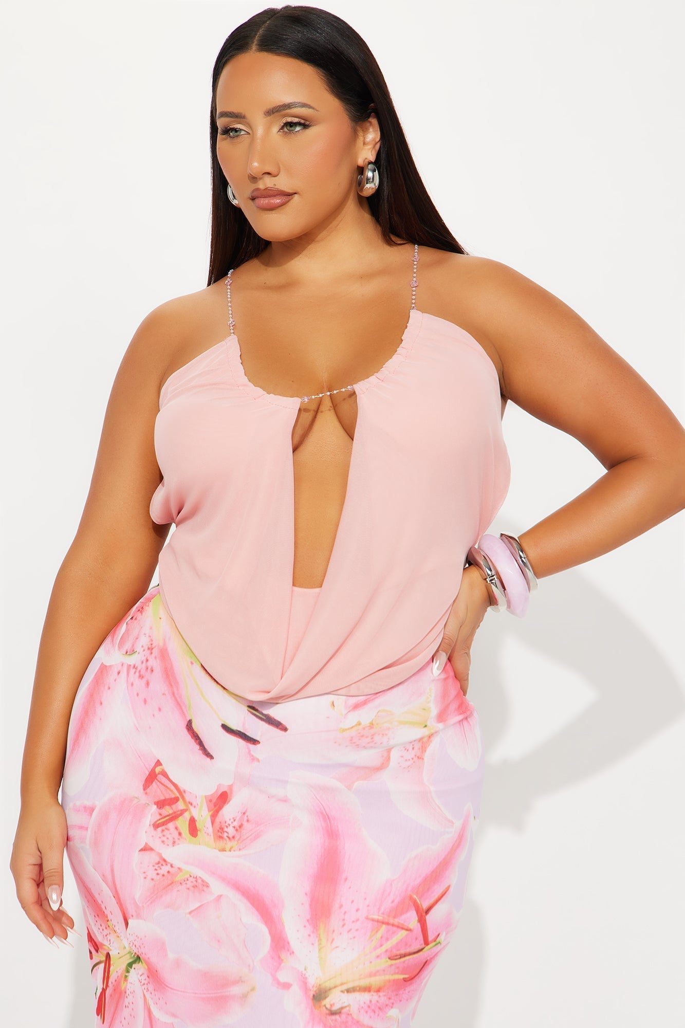 Video Vixen Chain Strap Cowl Neck Top - Pink