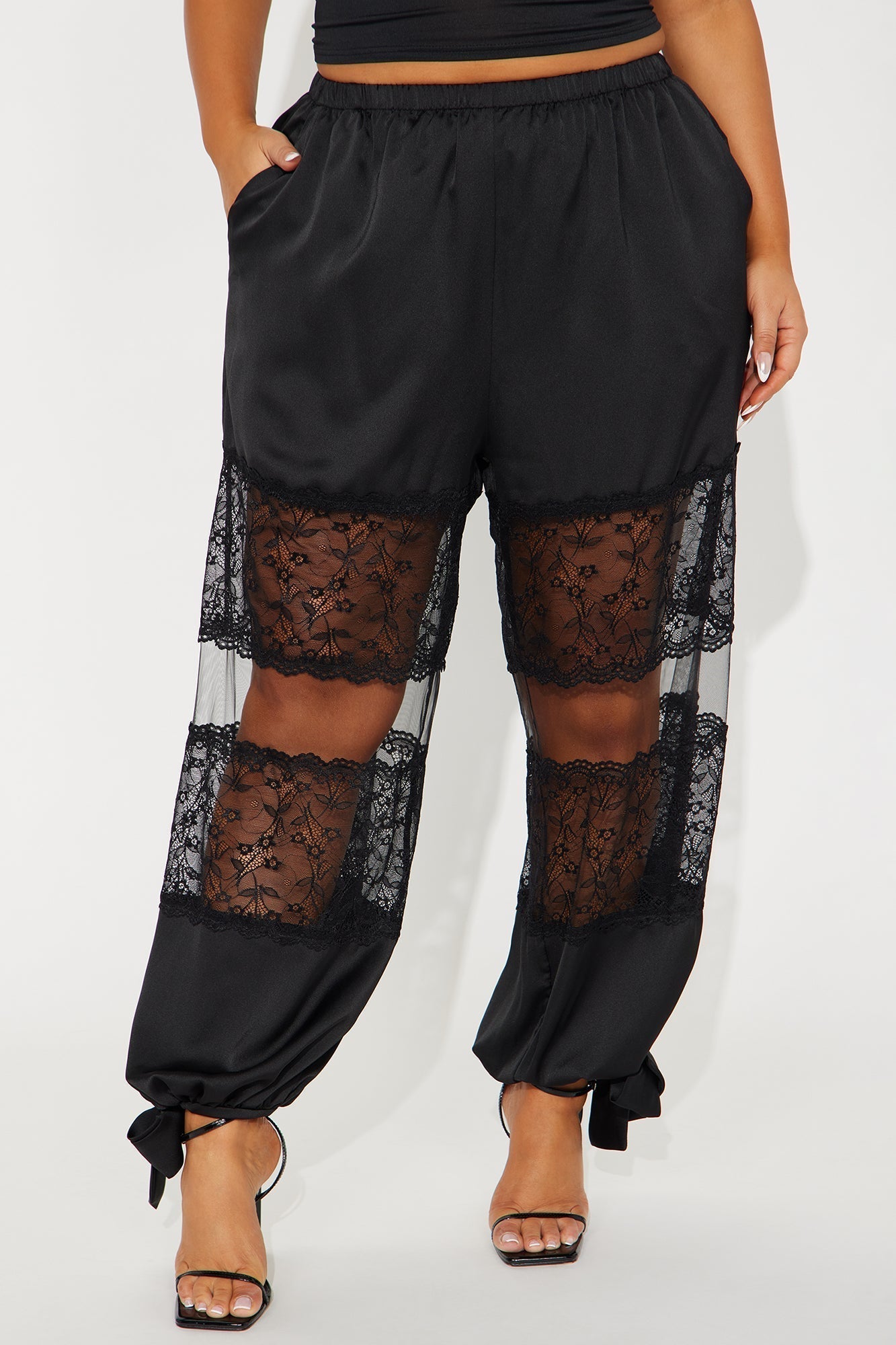 Melissa Satin Brunch Lace Trim Jogger Pant - Black