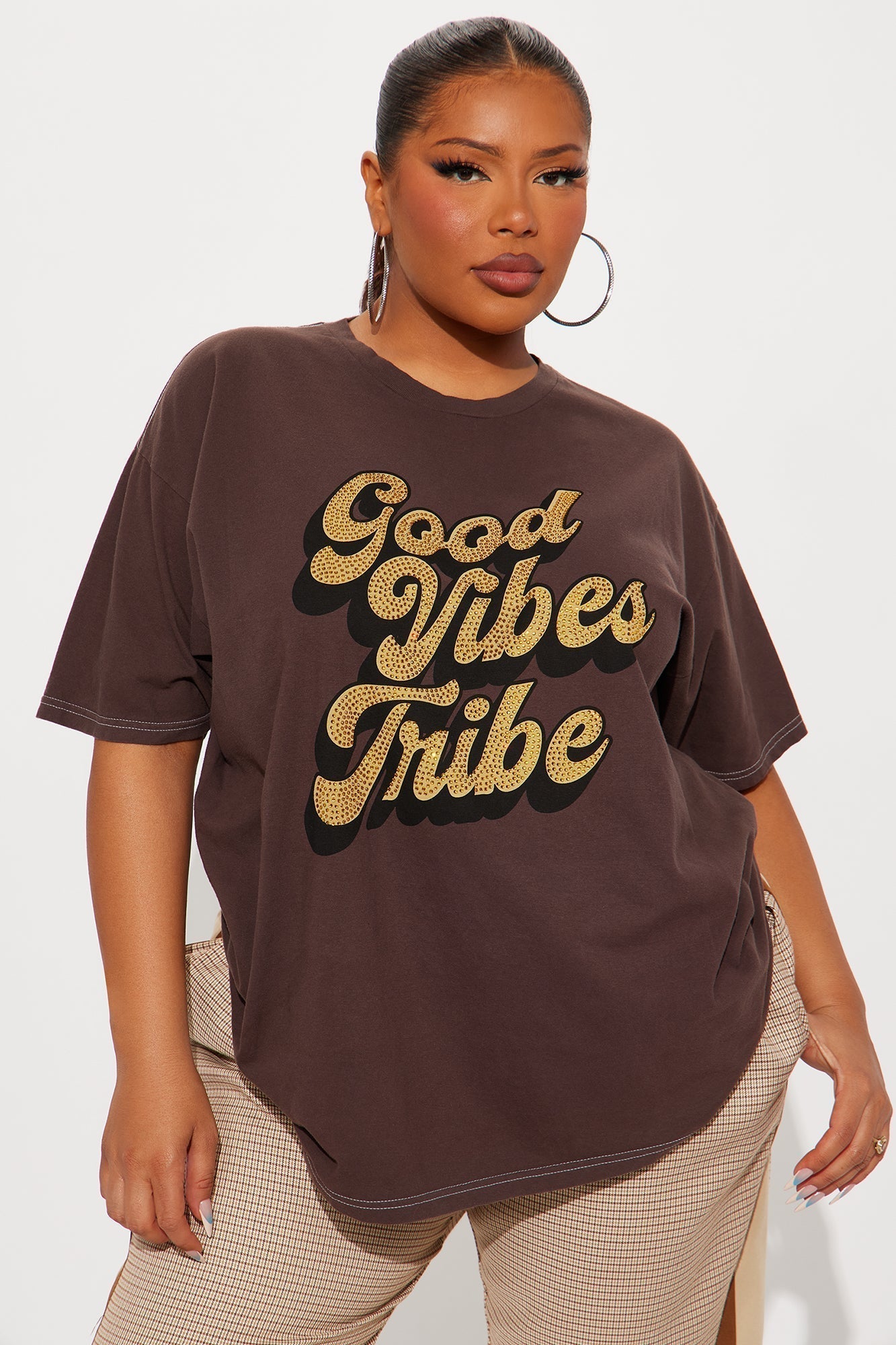 Good Vibes Tribe Rhinestone Tshirt - Brown