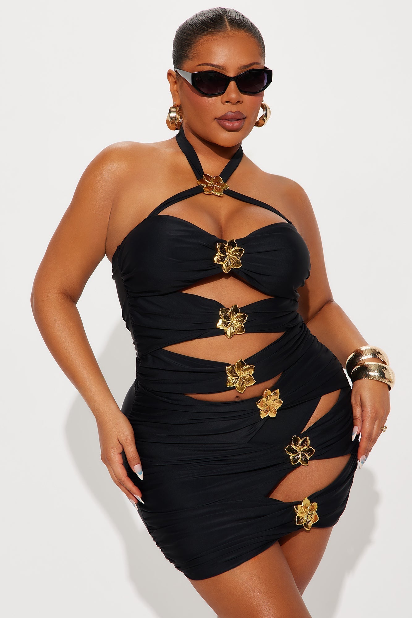 Summer Flower Hardware Cutout 1 Piece & Cover Up Skirt Set - Black