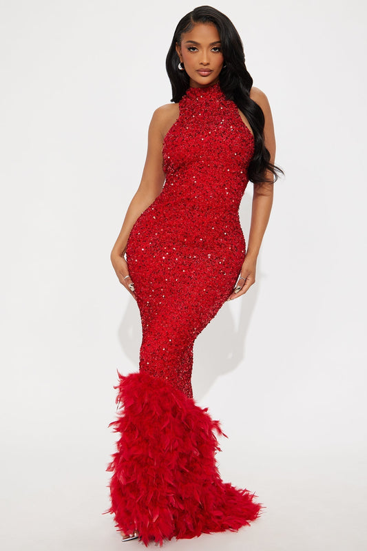 Zoey Feathered Sequin Gown - Red