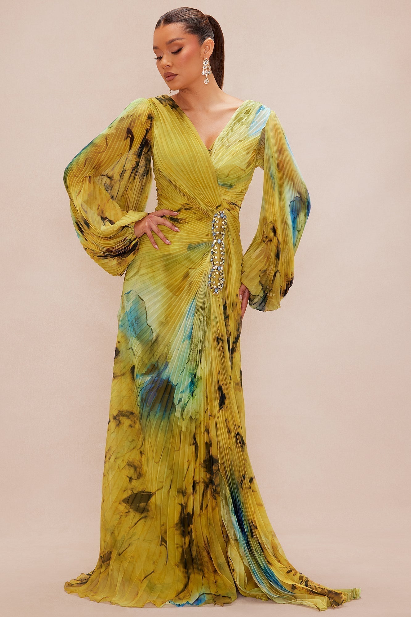 Luna Pleated Maxi Dress - Green/combo