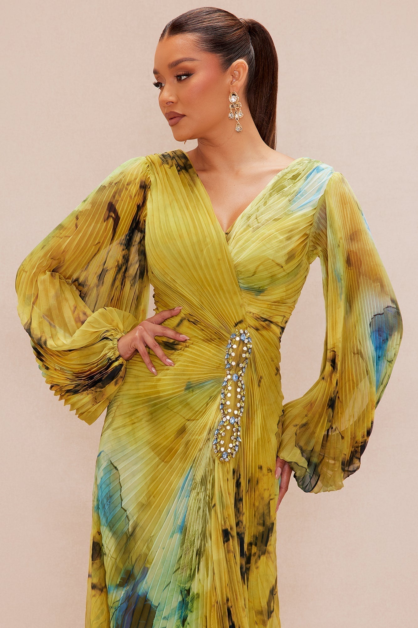 Luna Pleated Maxi Dress - Green/combo