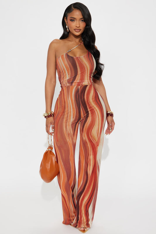 Lost Island One Shoulder Mesh Jumpsuit - Orange/combo