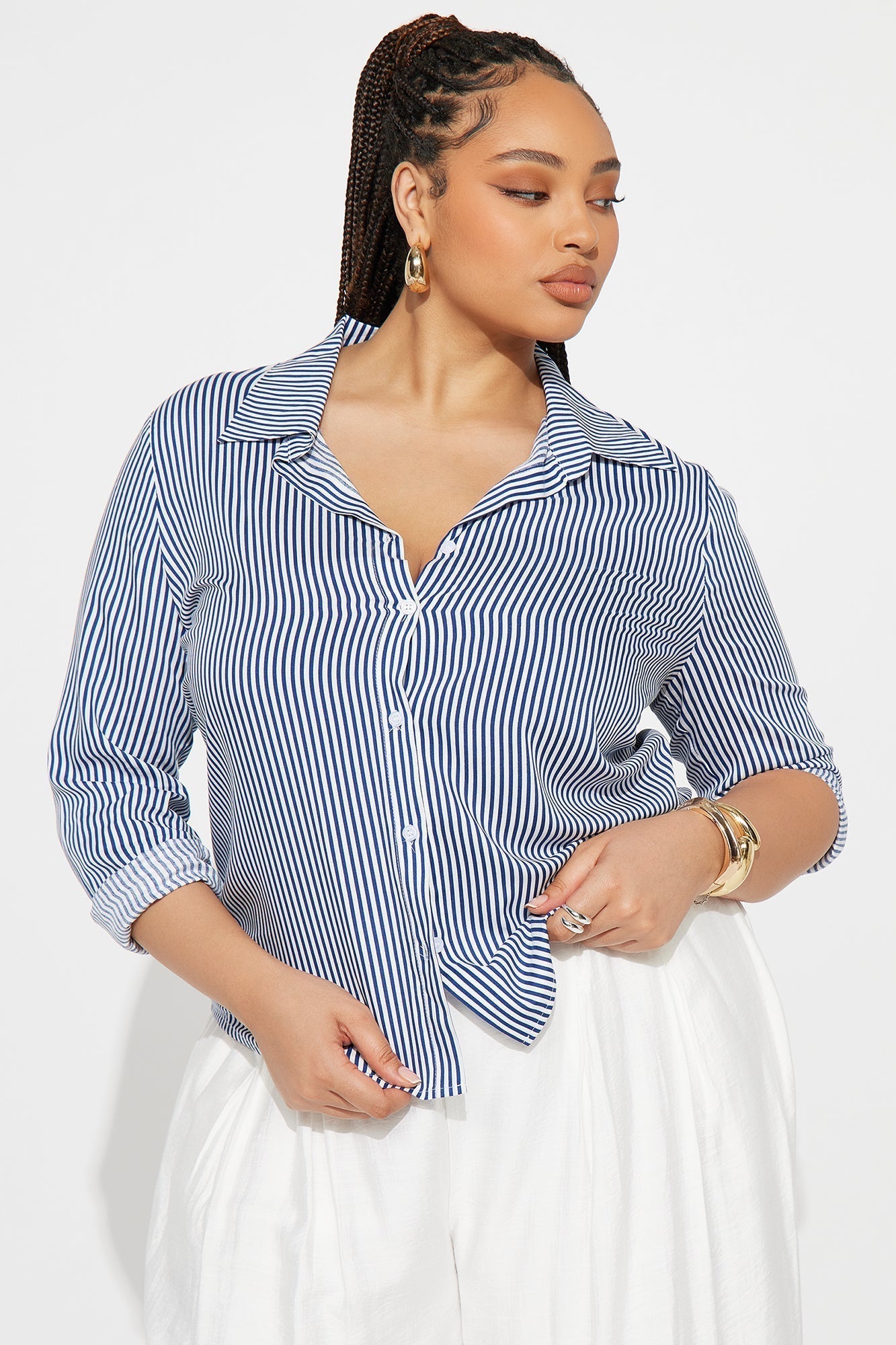 Hit The City Striped Challis Shirt - White/Blue