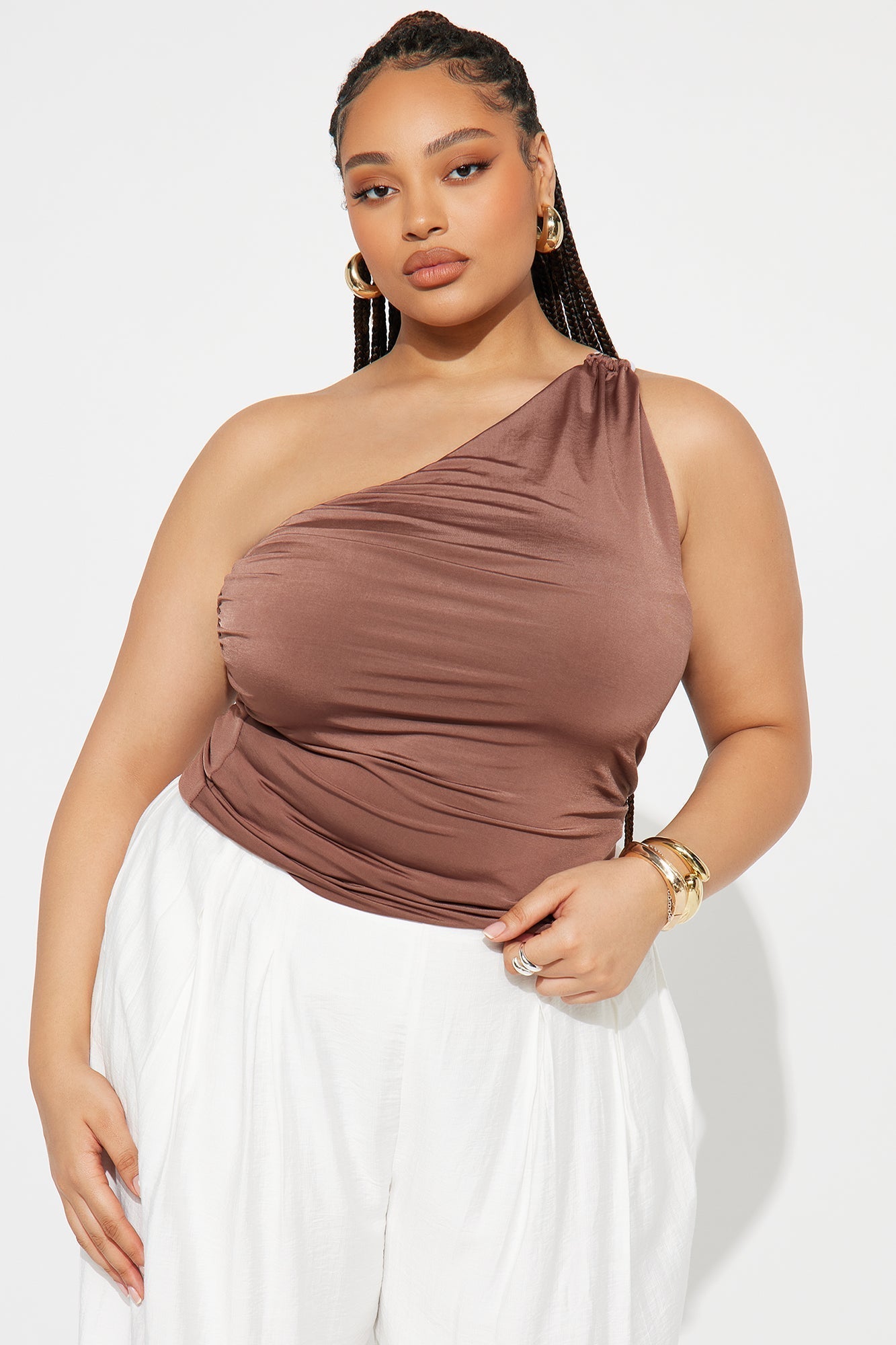 Treasure Hunt Double Lined One Shoulder Top - Chocolate
