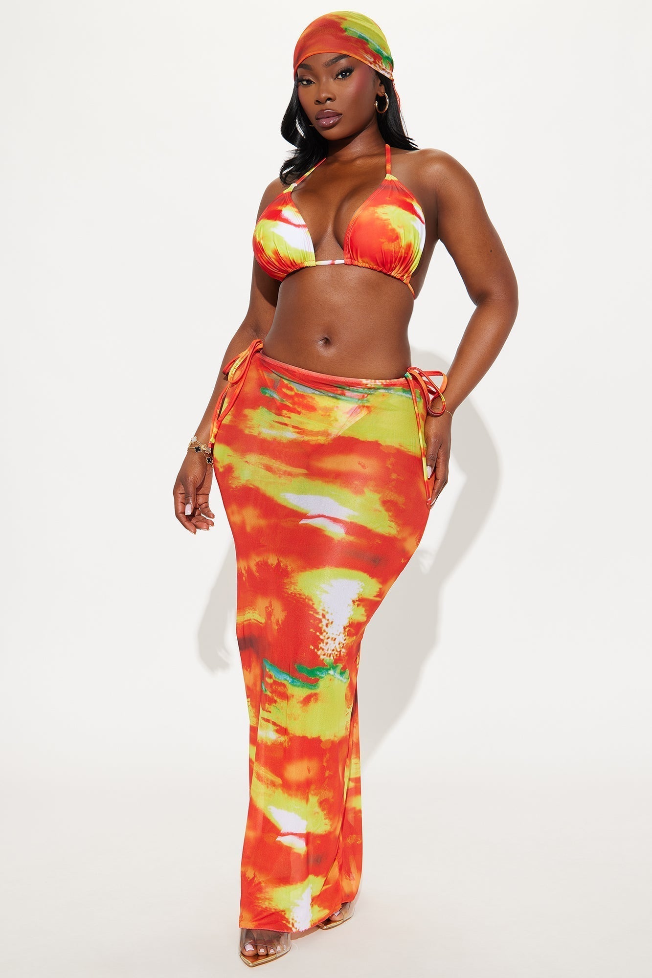 Dismas 4 Piece Bikini Skirt & Headscarf Set - Red/combo
