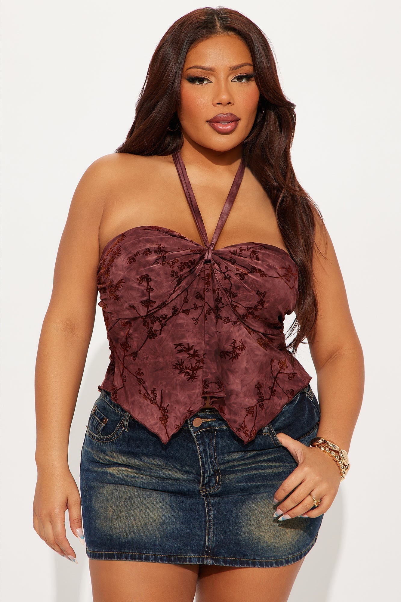 Erin Flocked Halter Top - Burgundy/combo
