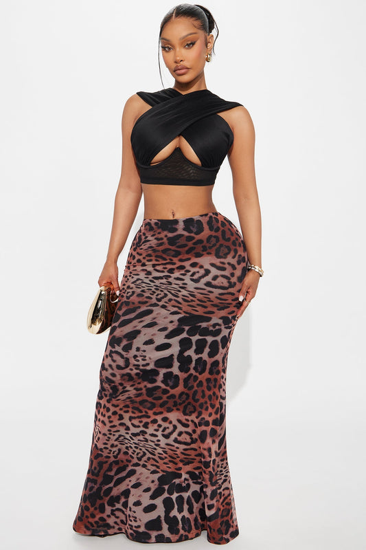 She's Been Spotted Leopard Mesh Maxi Skirt - Brown/combo