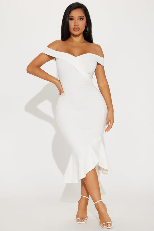Eloise Off Shoulder Body Sculpting Midi Dress - White