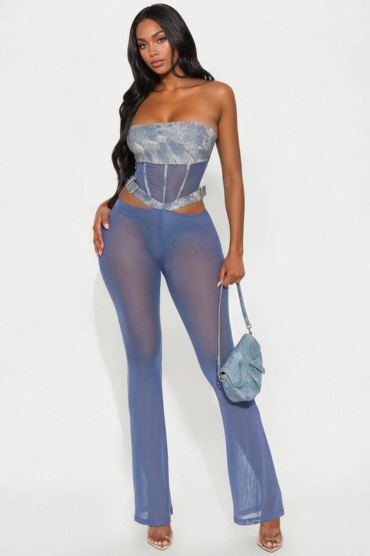 Riding Through Mesh Jumpsuit - Dark Wash