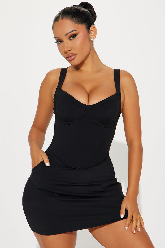 Delvina Snatched Sculpting 1 Piece Swimsuit Dress - Black