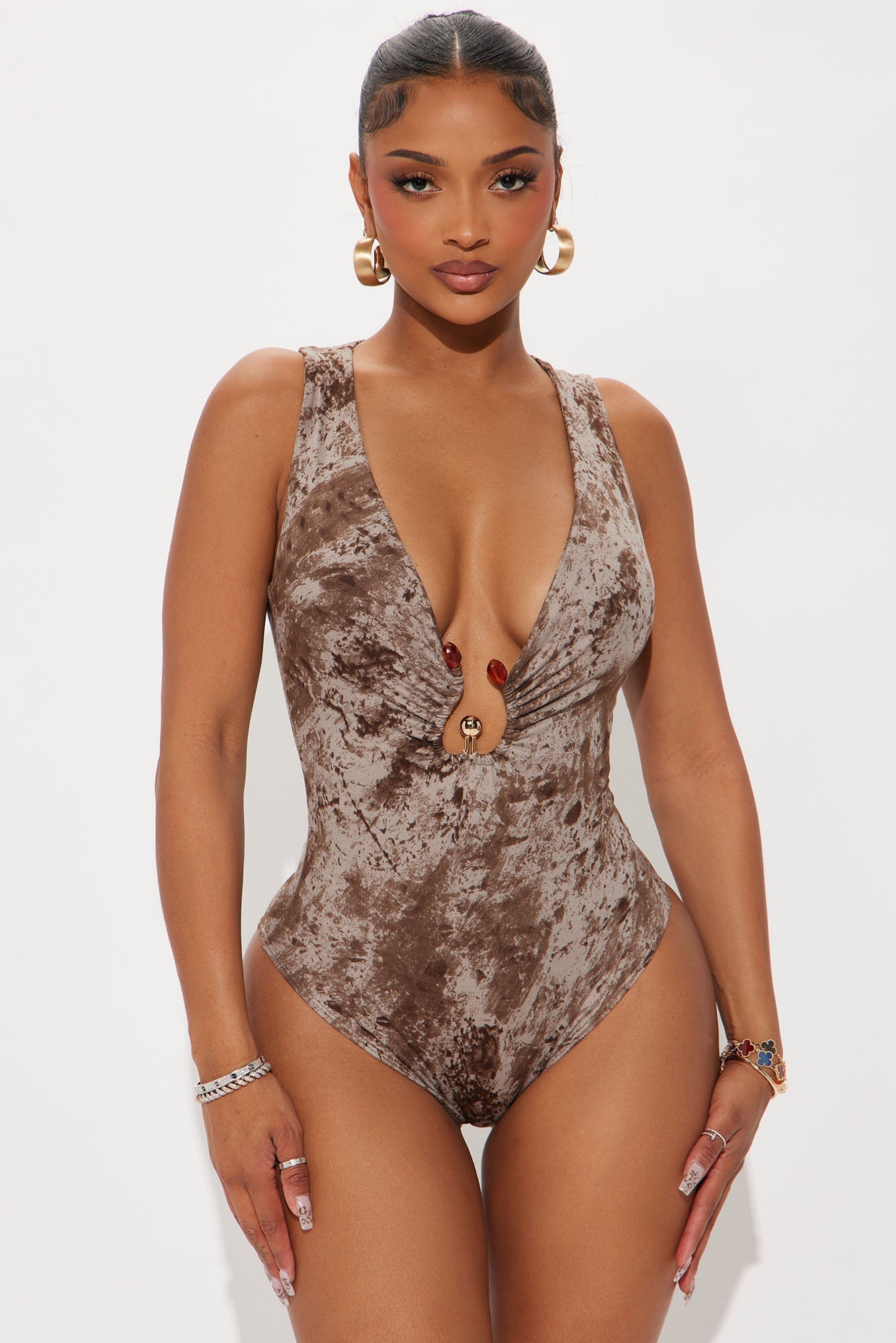 Jaleah Deep V-Neck Washed Bodysuit - Grey/combo