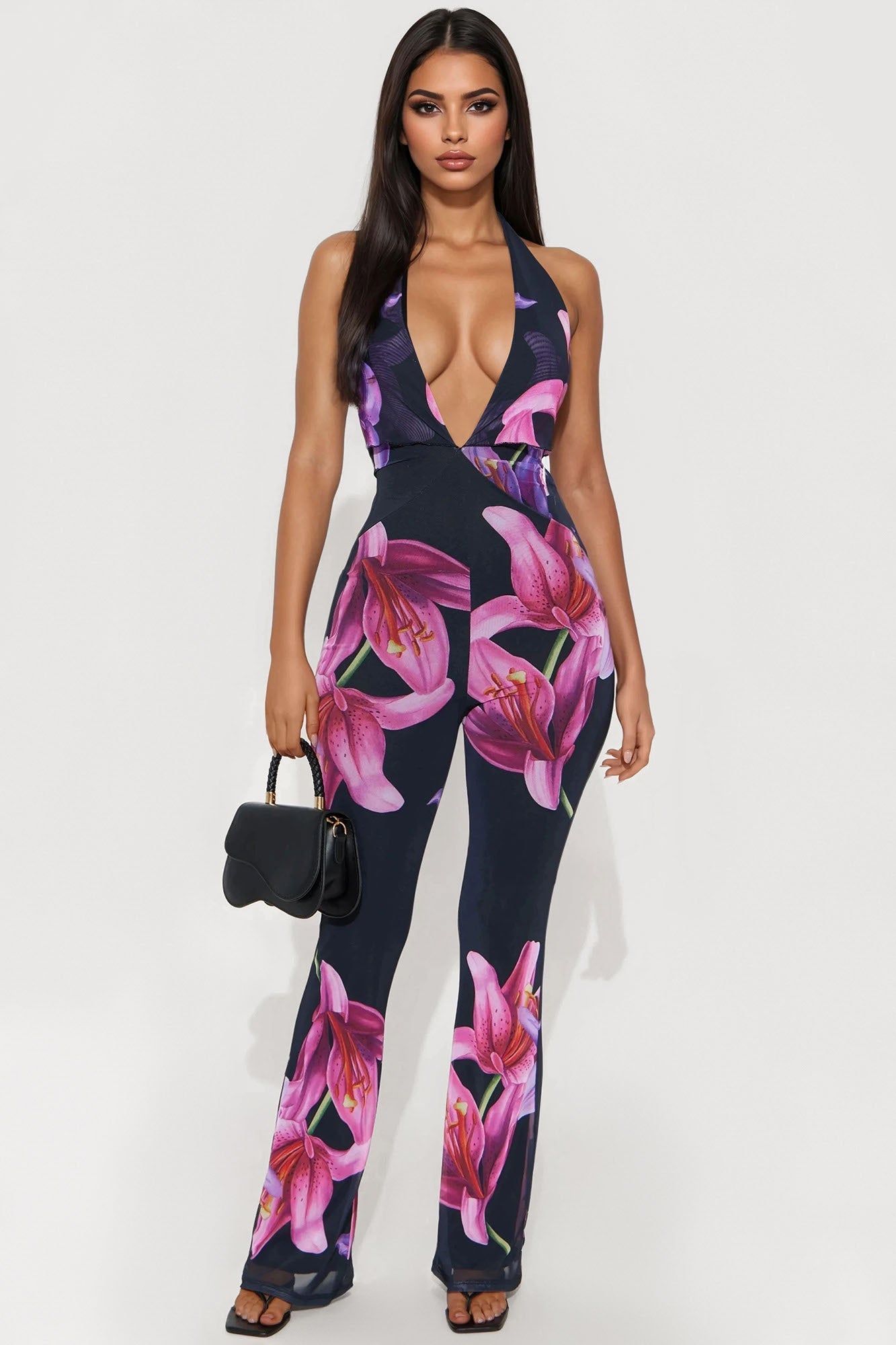 Mia Floral Backless Mesh Jumpsuit - Black/Pink
