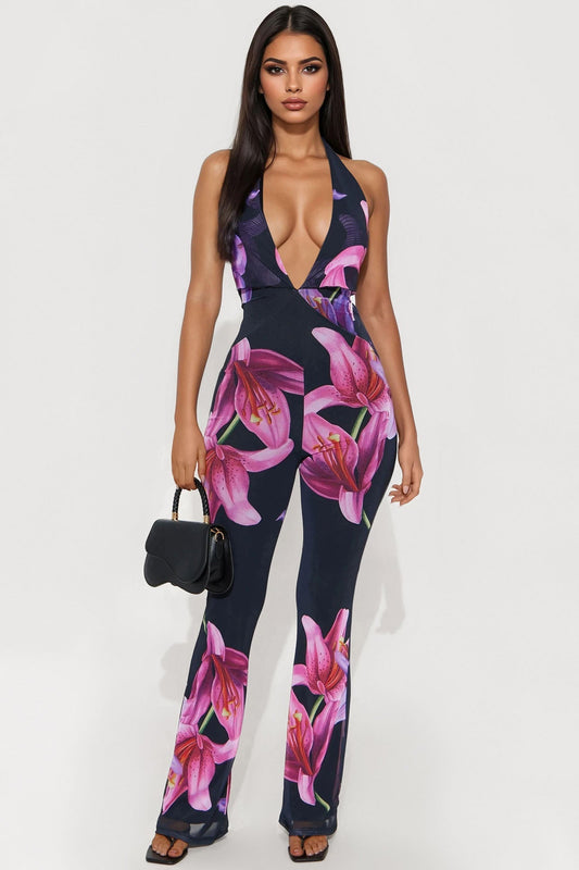Mia Floral Backless Mesh Jumpsuit - Black/Pink