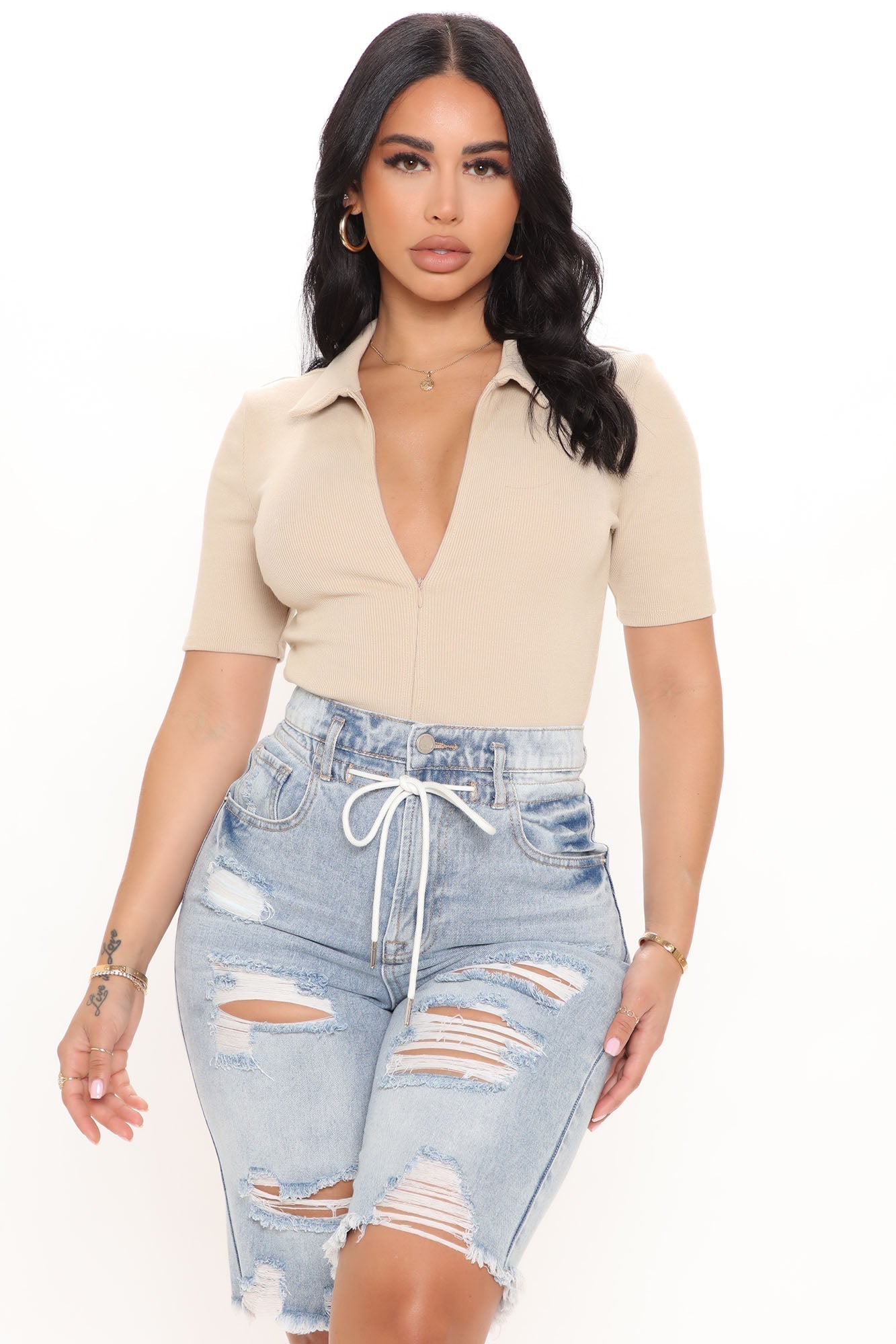 Hustle and Grind Short Sleeve Bodysuit - Nude