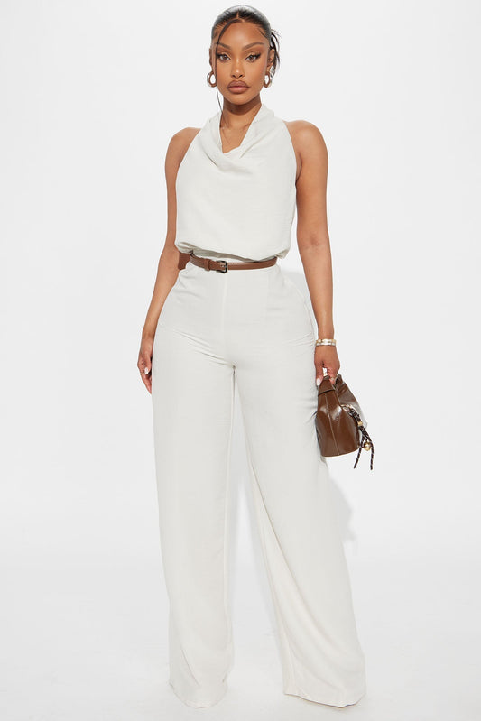 Amelia Belted Halter Jumpsuit - Cream
