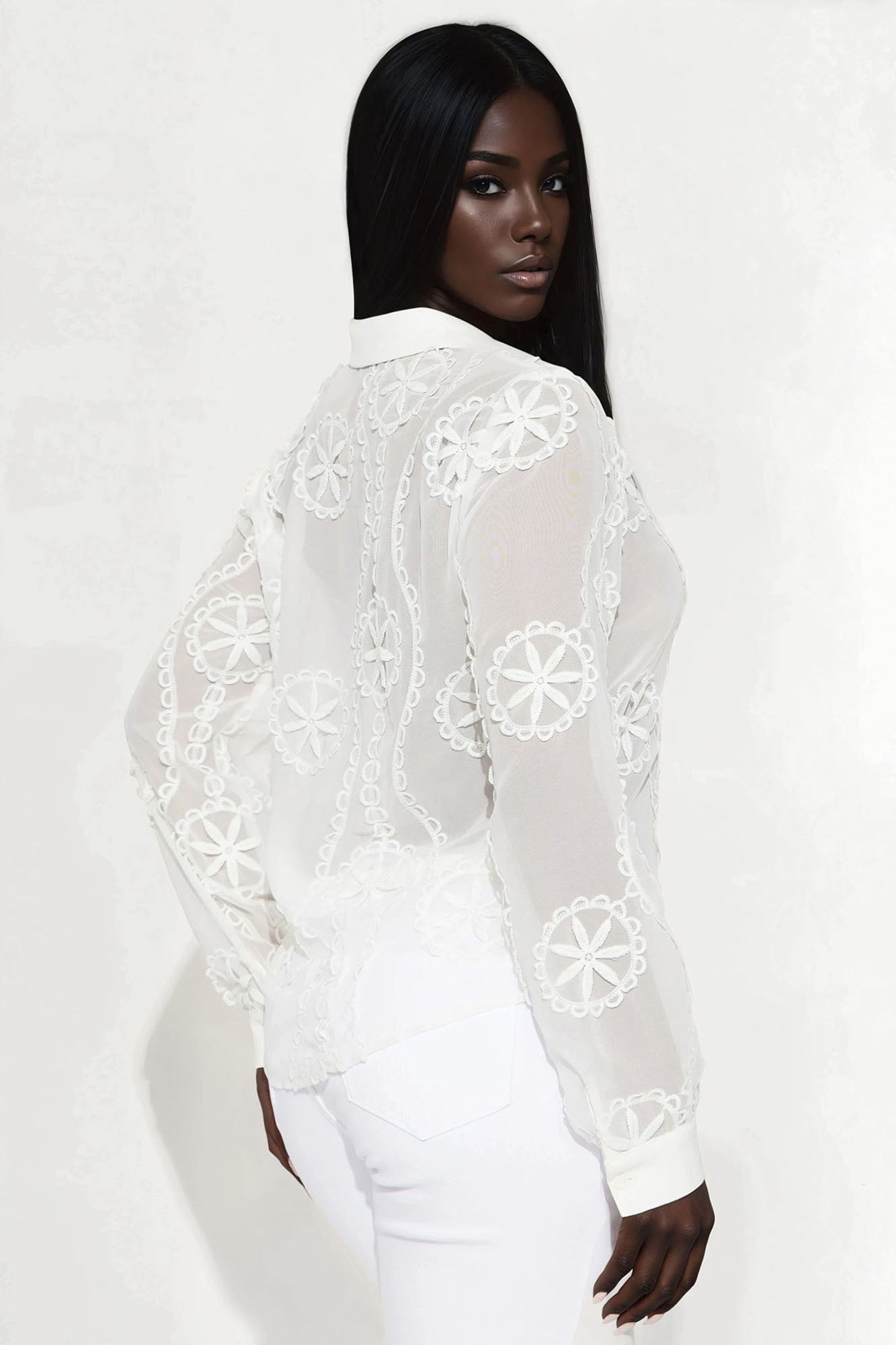 Brunch Lady Floral Embroidery Chiffon Shirt - White