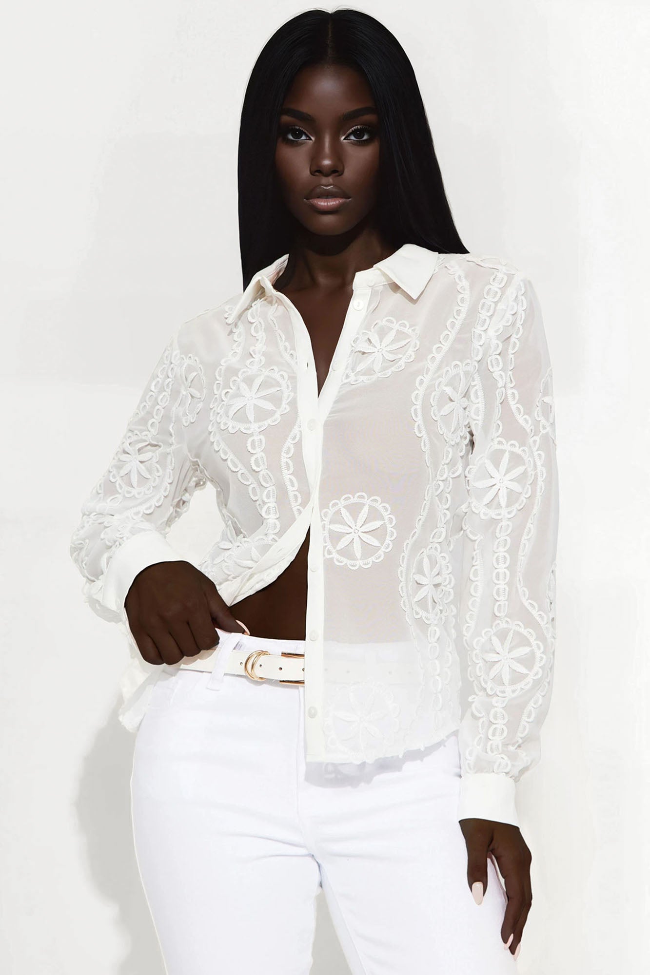 Brunch Lady Floral Embroidery Chiffon Shirt - White