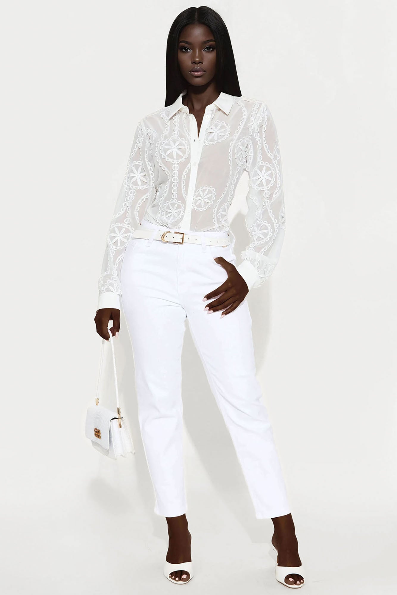 Brunch Lady Floral Embroidery Chiffon Shirt - White