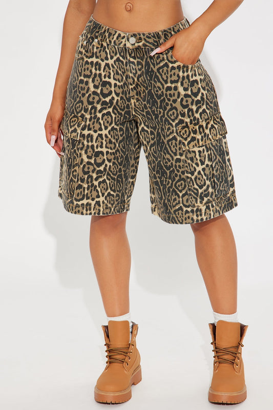 On The Hunt Leopard Cargo Denim Jorts - Brown/combo