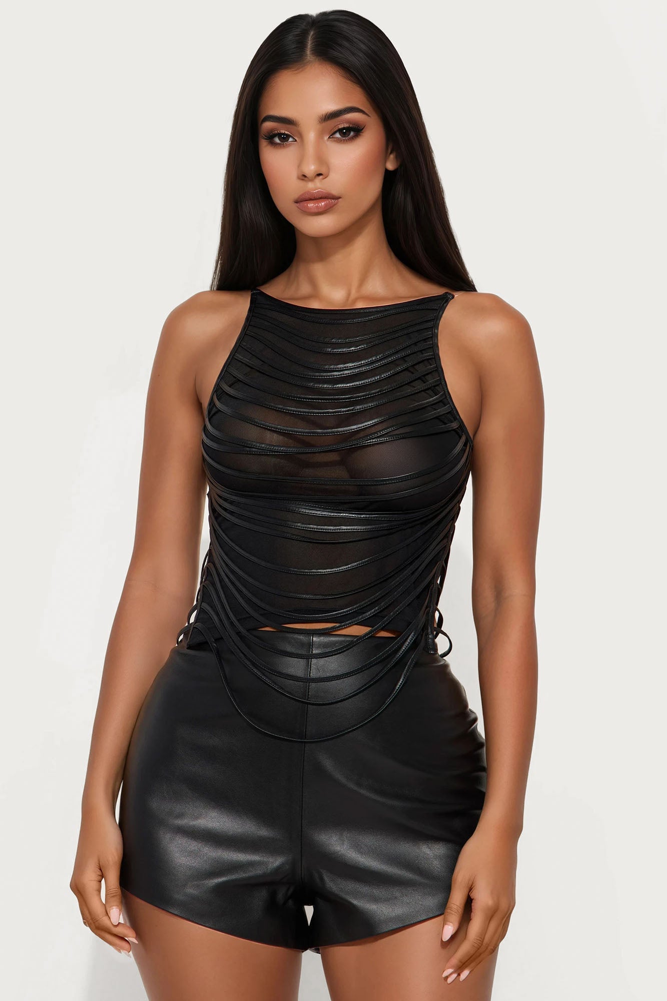No Promises Faux Leather Detail Mesh Top - Black