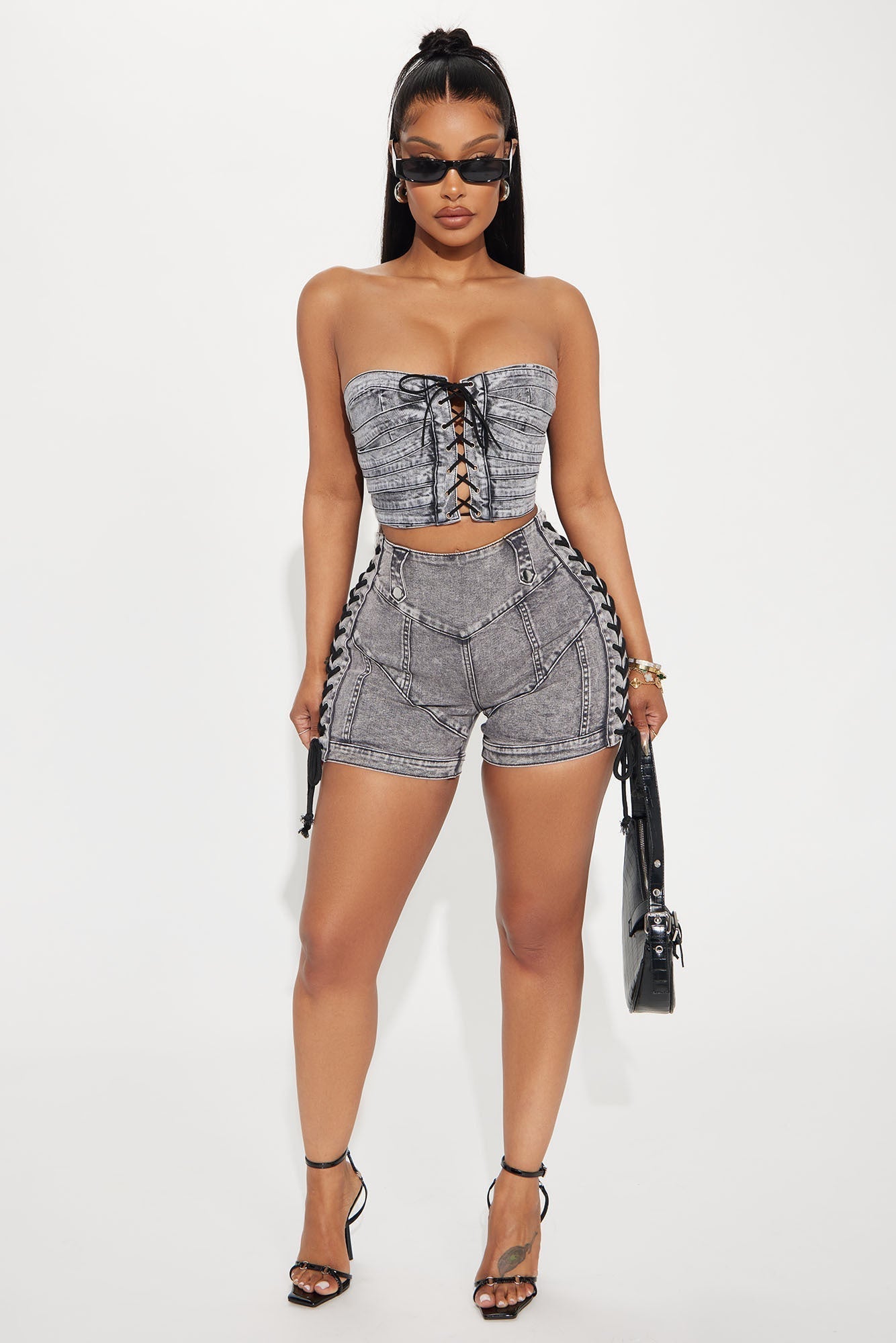 Most Likely Lace Up Stretch Denim Shorts - Grey