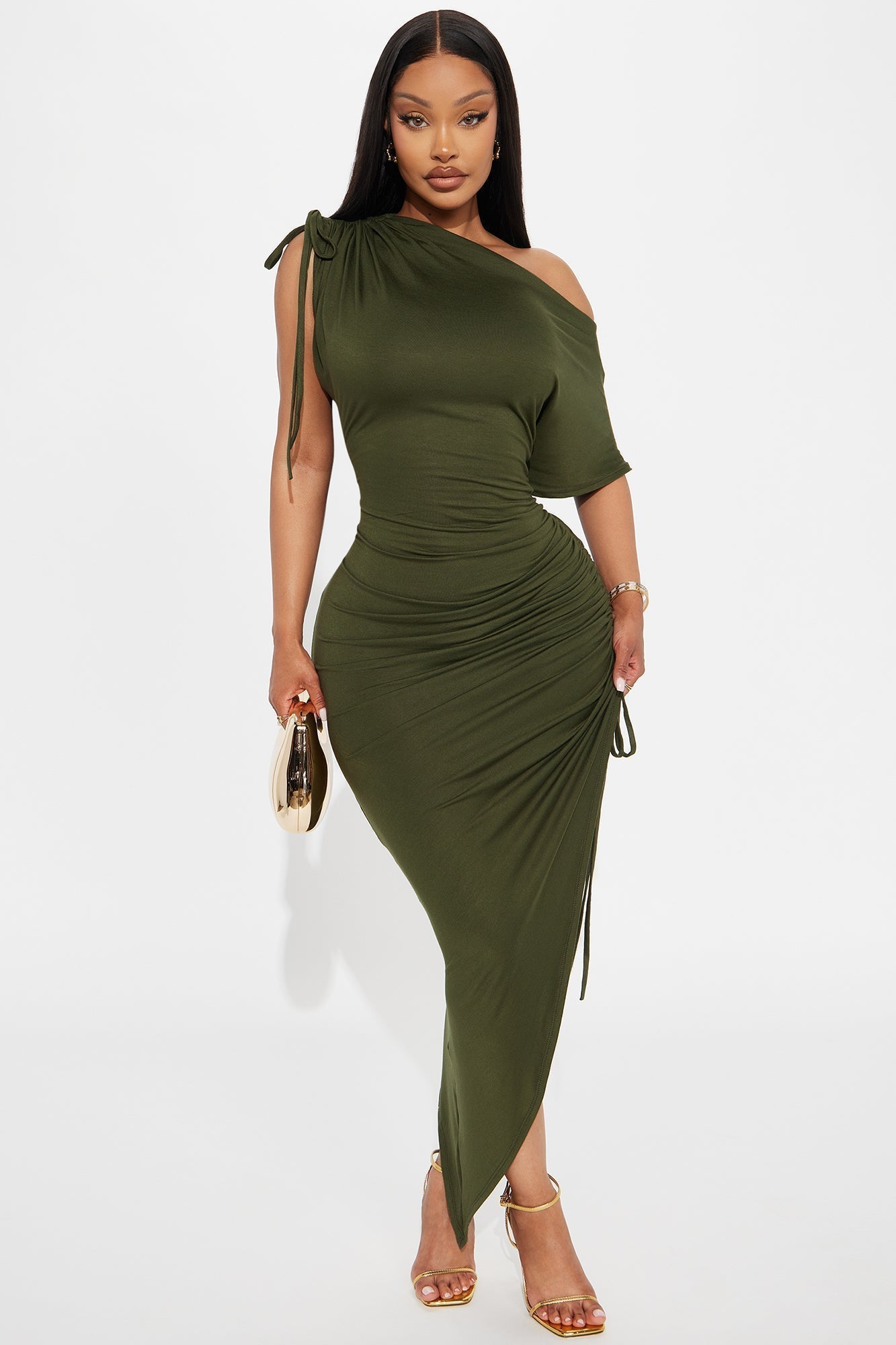 Kimberly Ruched Short Sleeve Dress - Olive