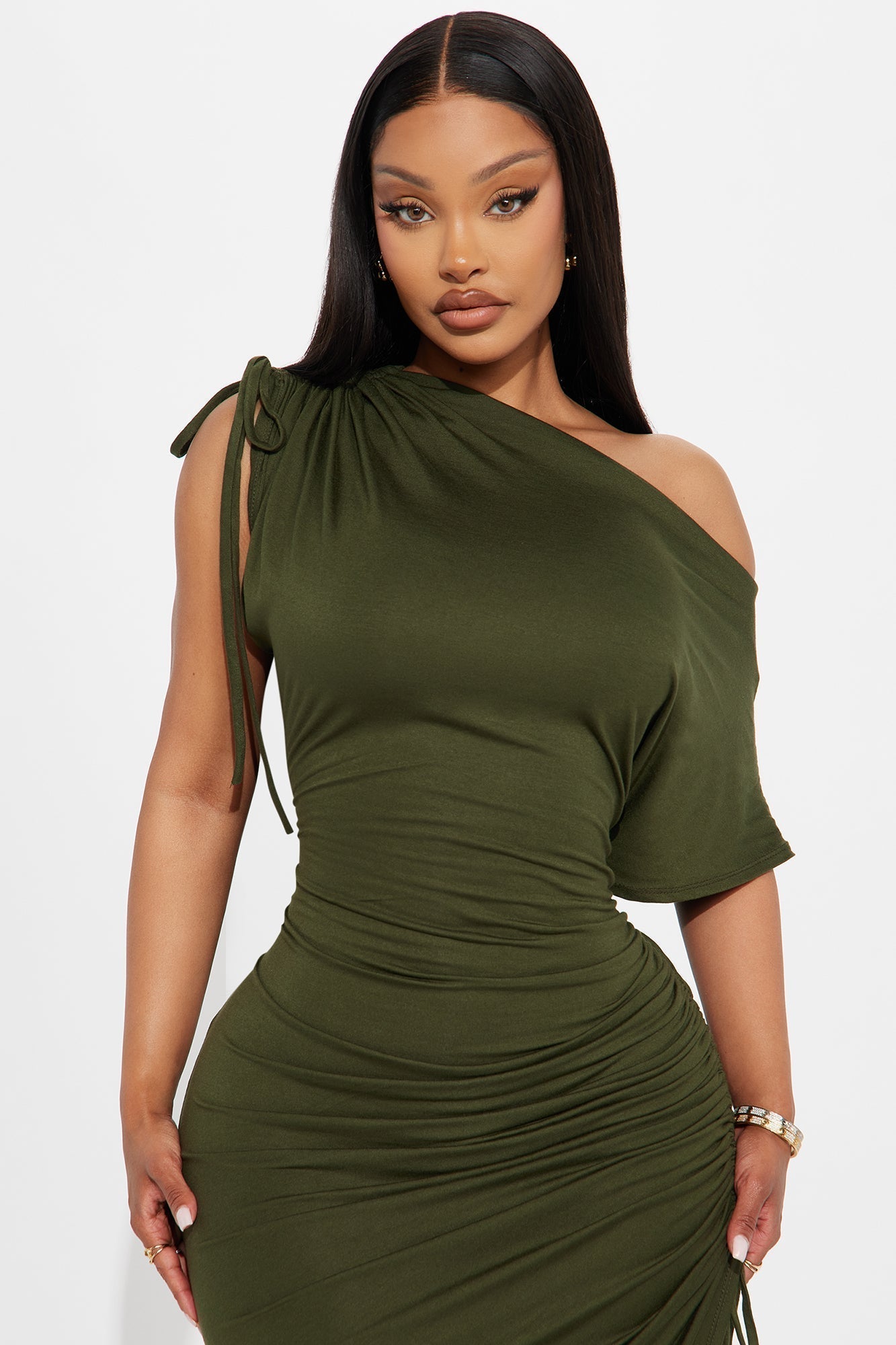 Kimberly Ruched Short Sleeve Dress - Olive
