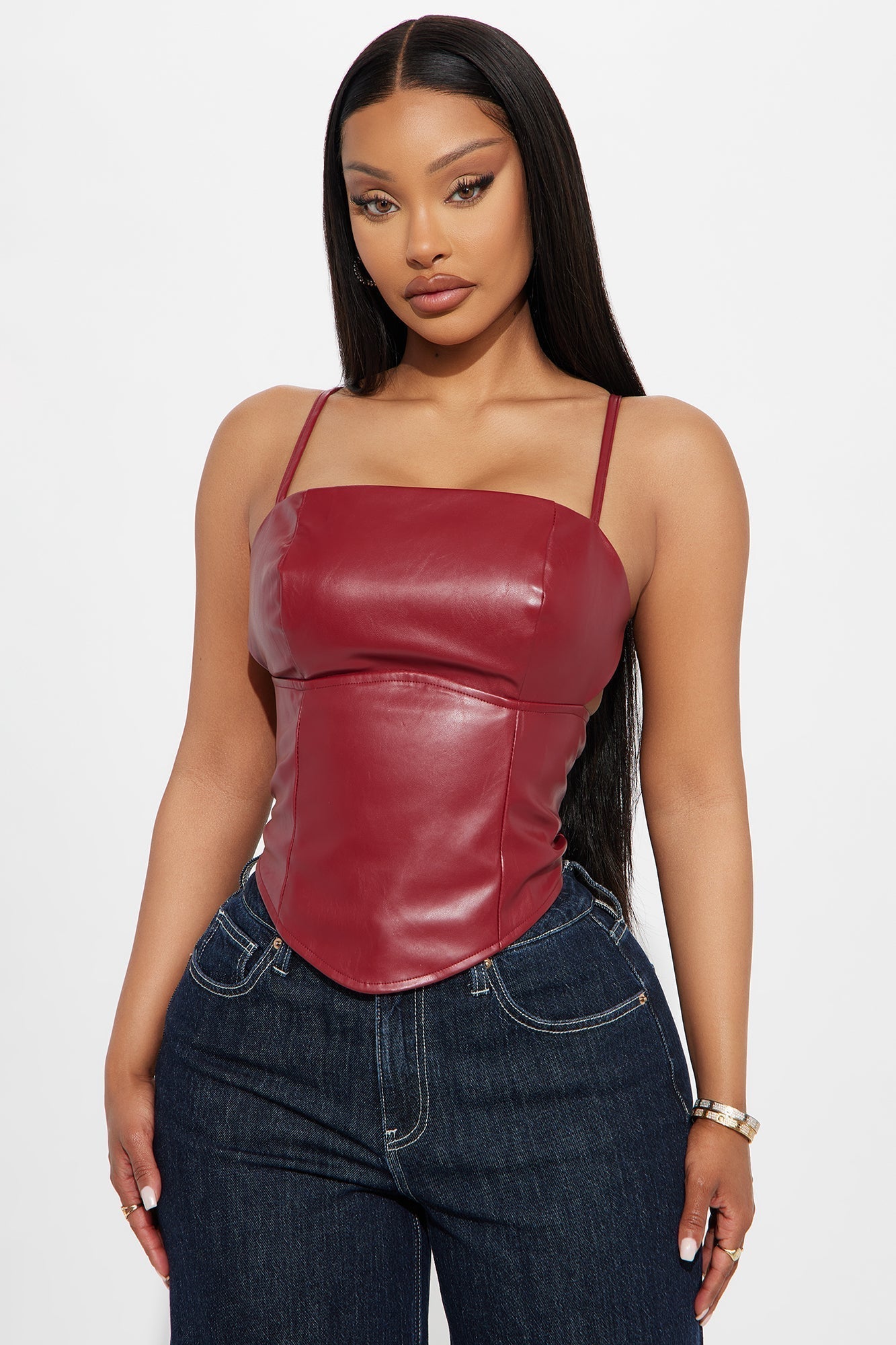 Surprise Me Faux Leather Cami Top - Burgundy