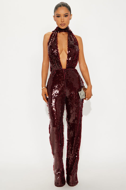 Show Some Love Sequin Jumpsuit - Burgundy