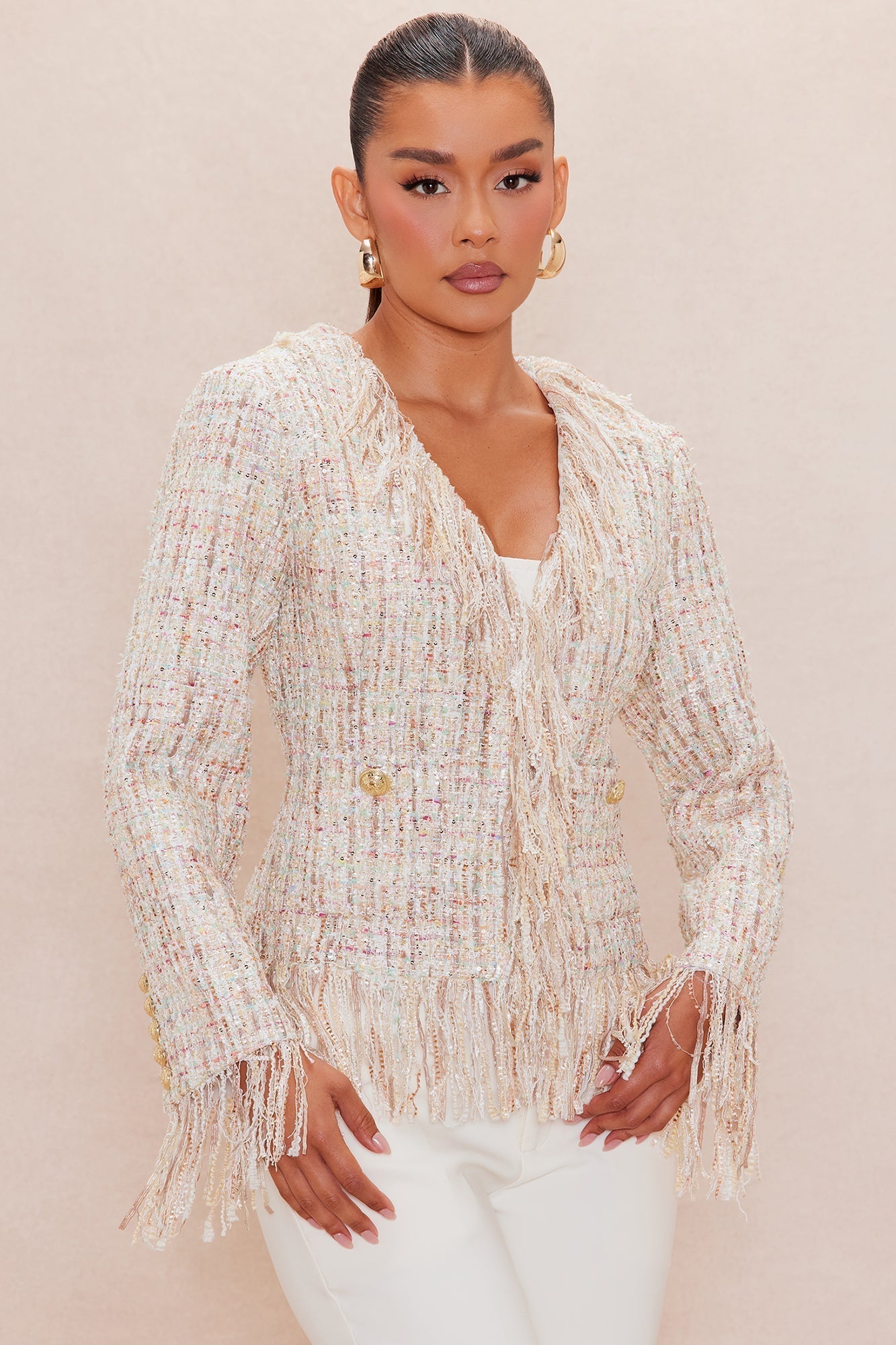 Fatima Fringe Tweed Blazer - Natural/Combo