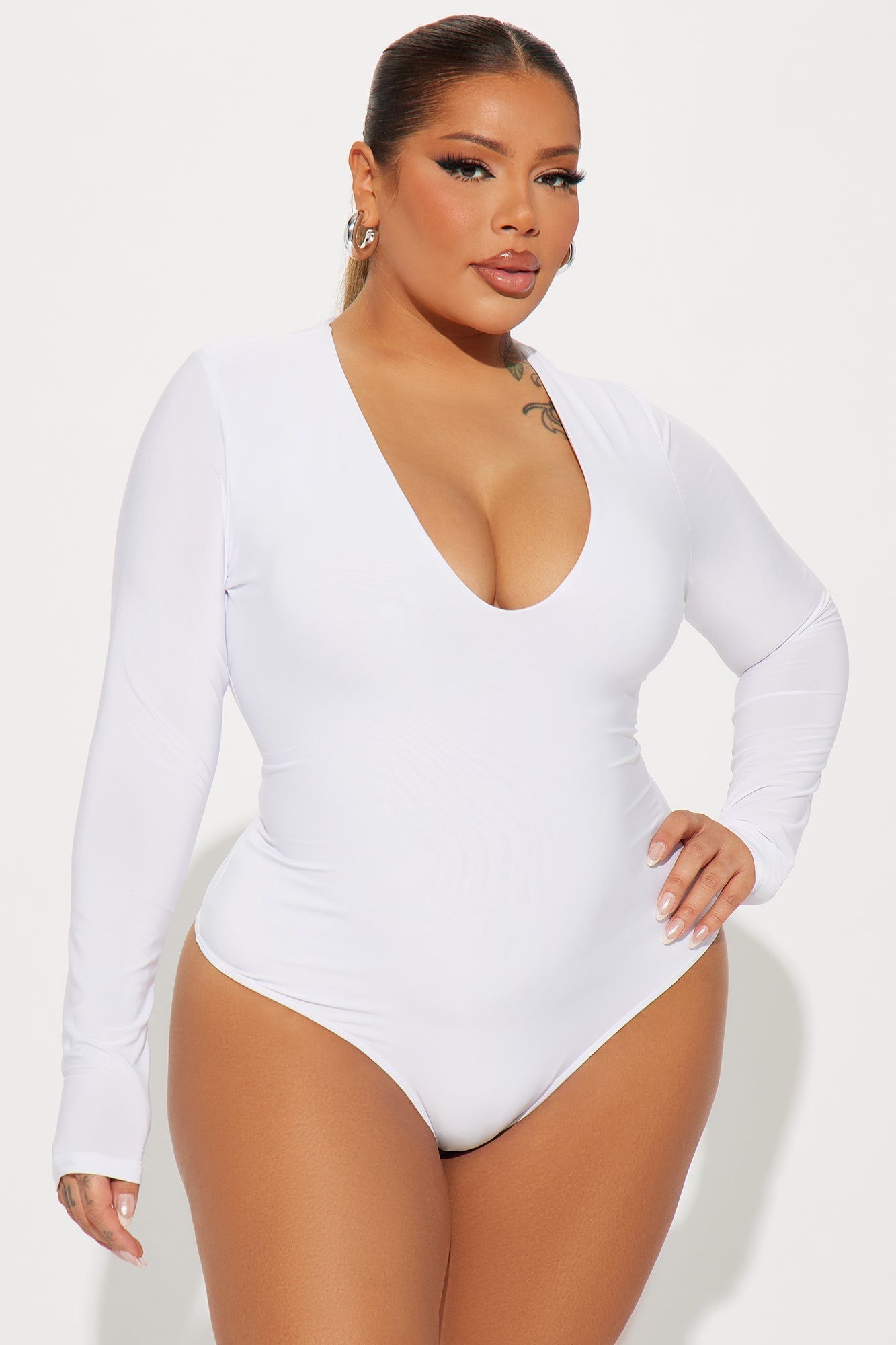 Take The Plunge Lined Long Sleeve Bodysuit - White