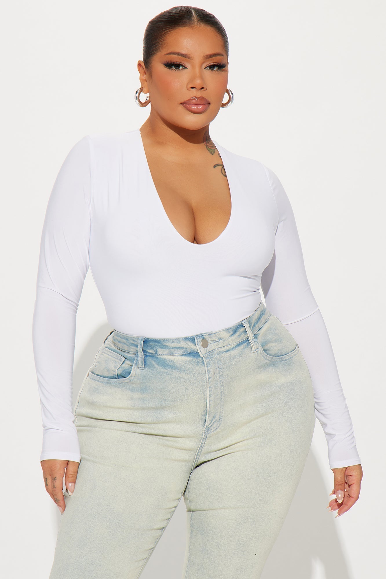 Take The Plunge Lined Long Sleeve Bodysuit - White