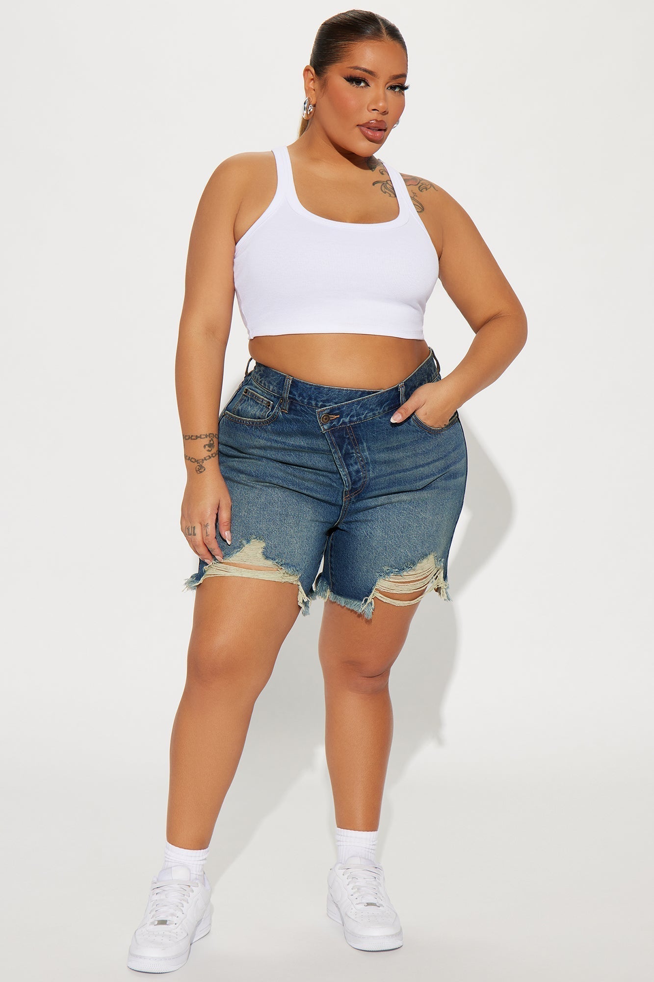 At A Glance Crossover Denim Shorts - Dark Wash