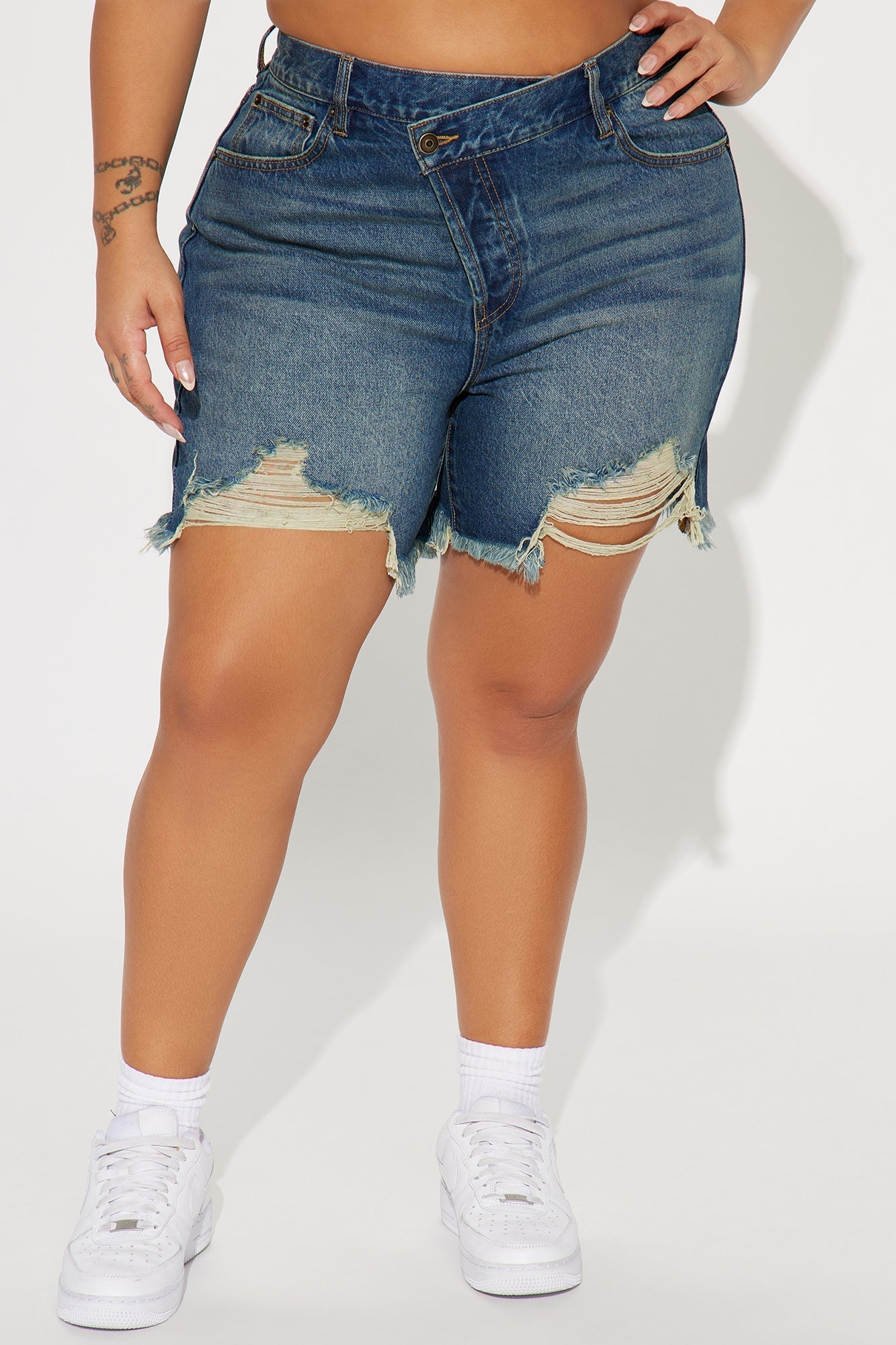 At A Glance Crossover Denim Shorts - Dark Wash