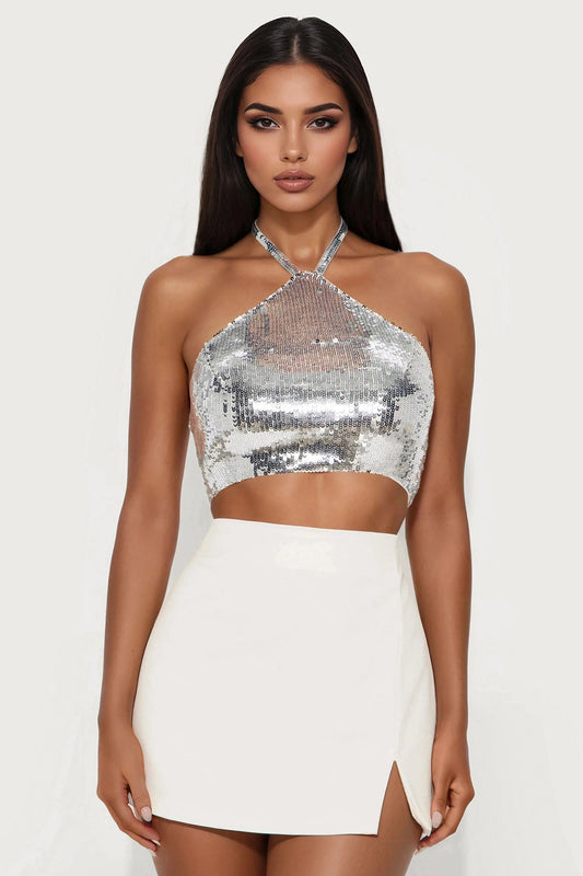 One Night Only Sequin Halter Top - Silver