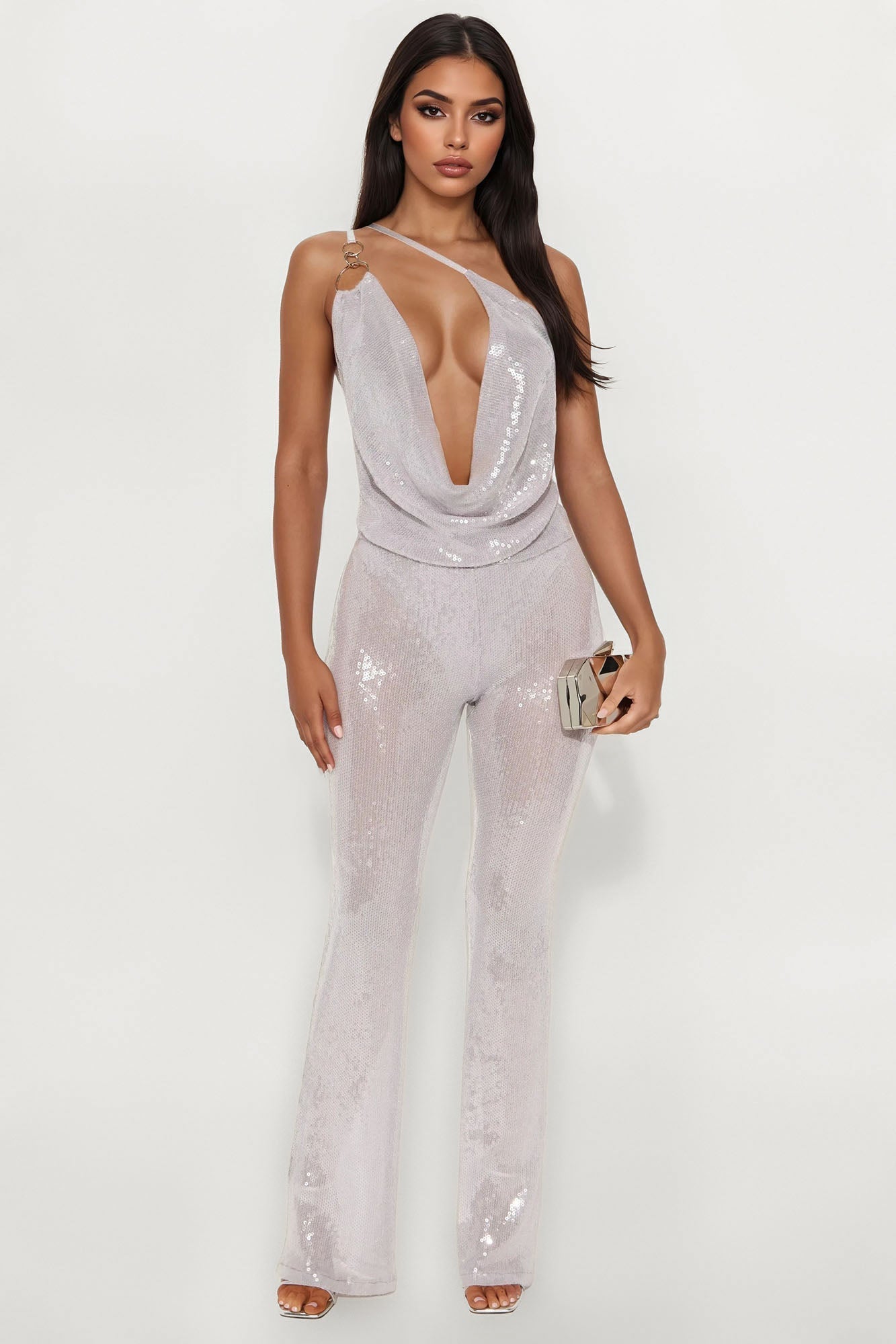 Maisie Sequin Halter Wide Leg Jumpsuit - Grey