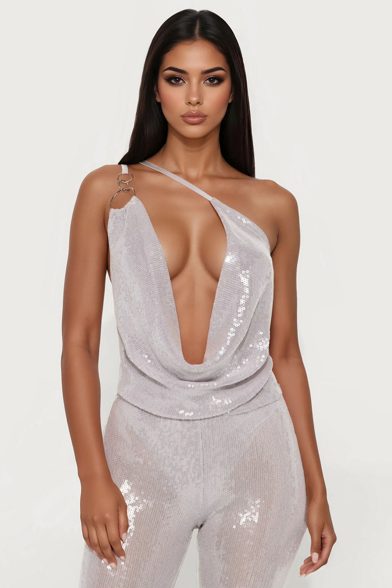 Maisie Sequin Halter Wide Leg Jumpsuit - Grey