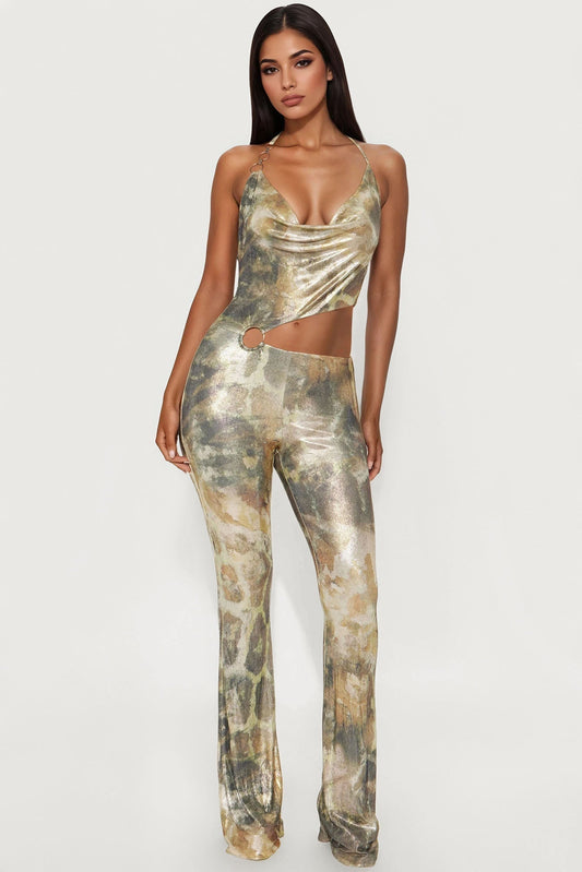 Allison Metallic Halter Jumpsuit - Olive/combo