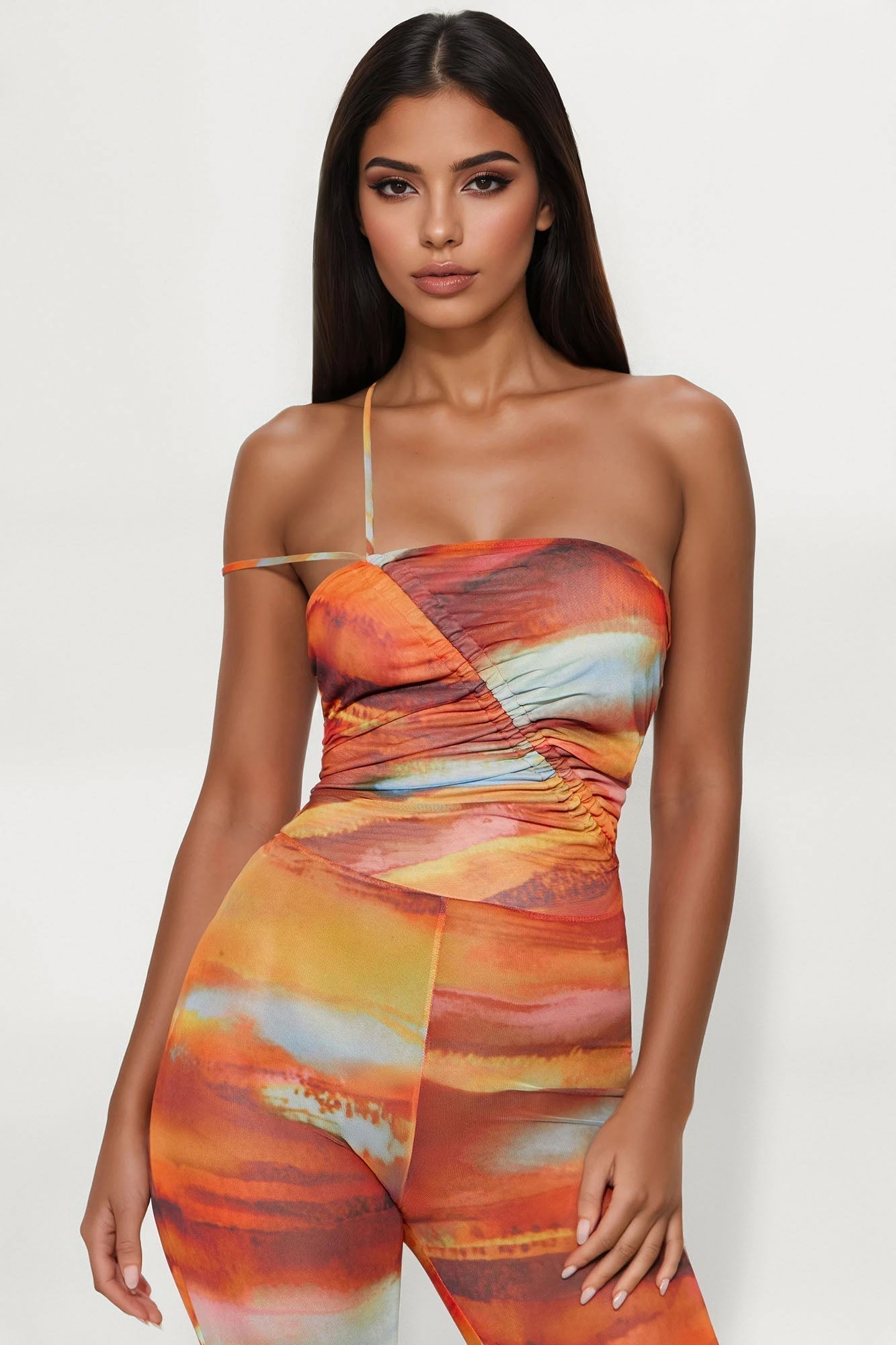 Sneaking Out At Sunset Mesh Jumpsuit - Orange/combo