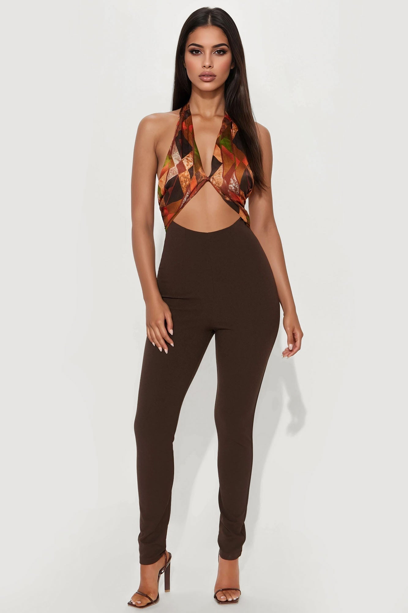 Mina Halter Skinny Jumpsuit - Brown/combo