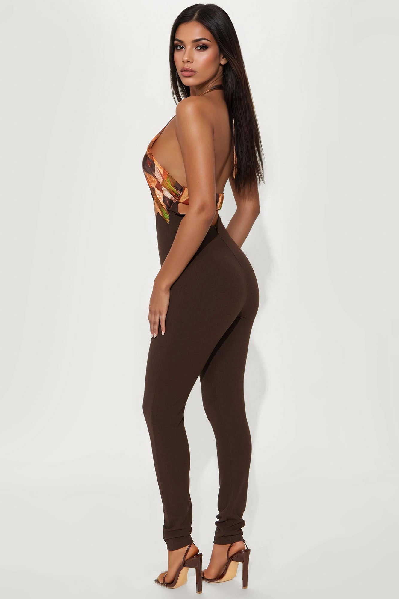 Mina Halter Skinny Jumpsuit - Brown/combo