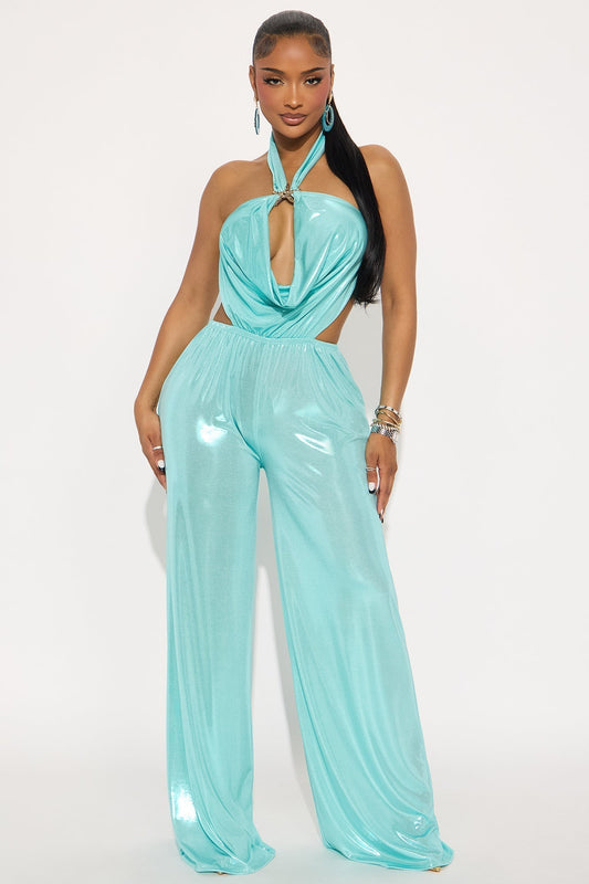 Jazmine Tales Slinky Halter Jumpsuit - Aqua