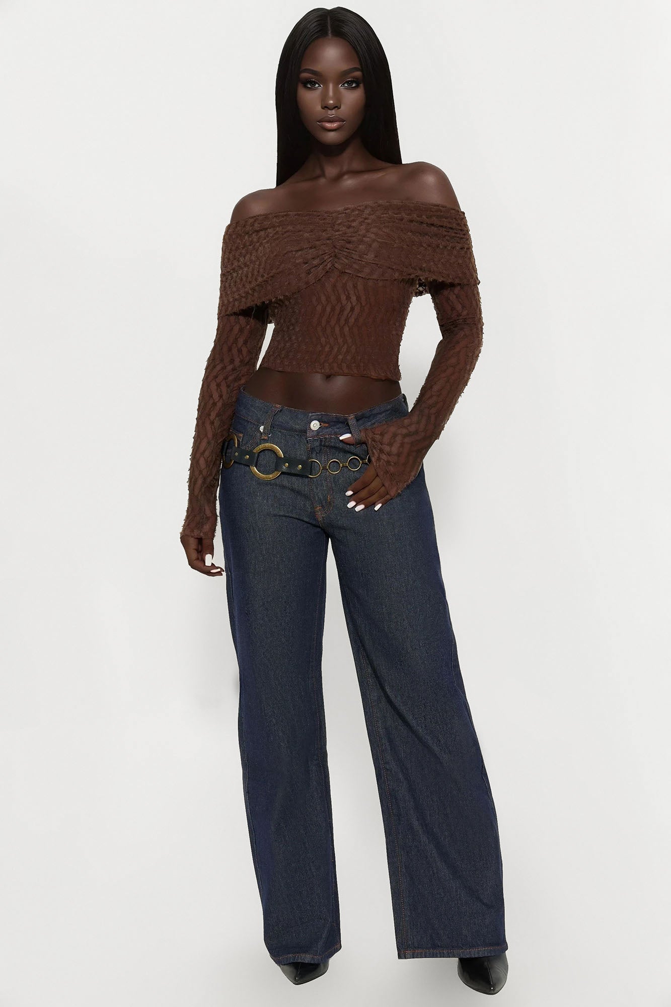 Minerva Off Shoulder Long Sleeve Top - Chocolate